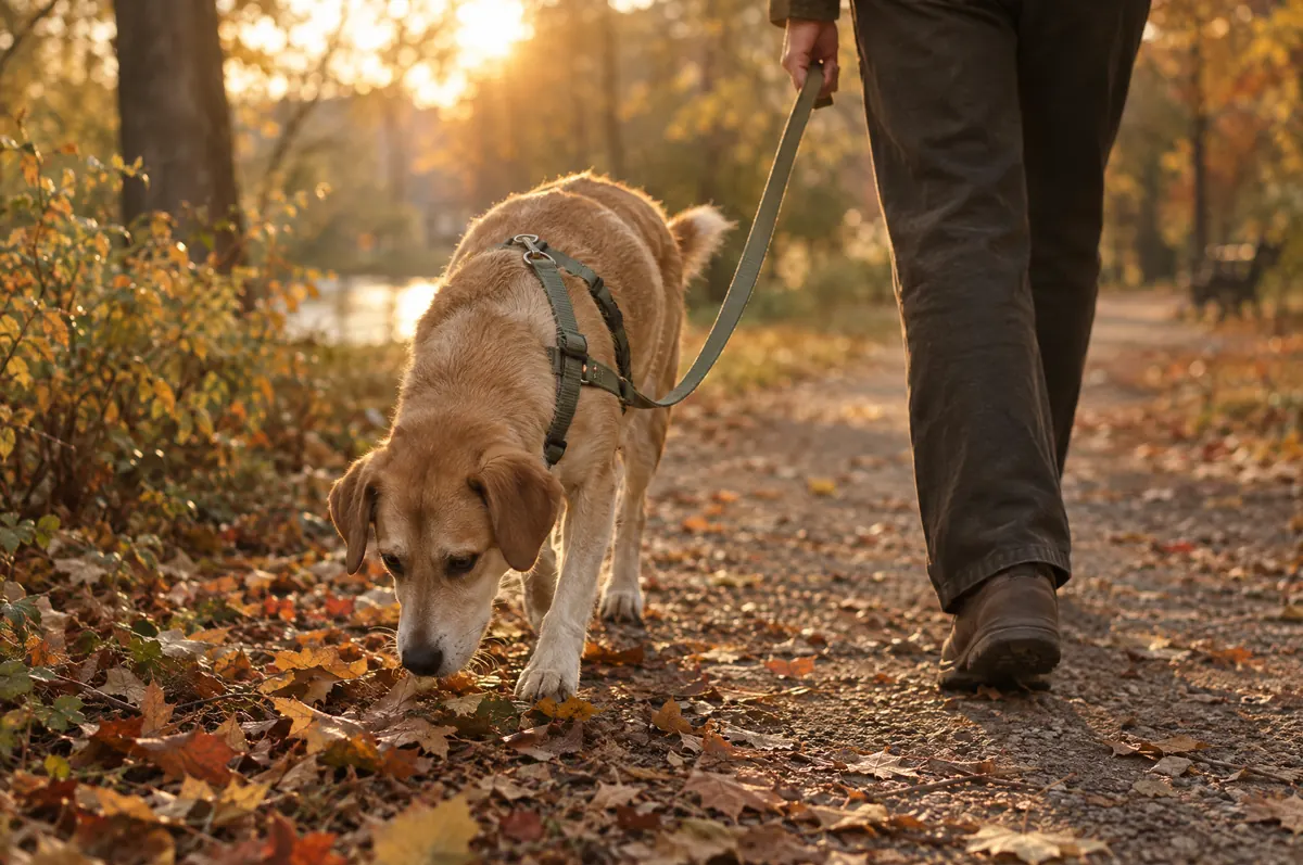 Hund an der Leine auf einem Waldweg im Herbst